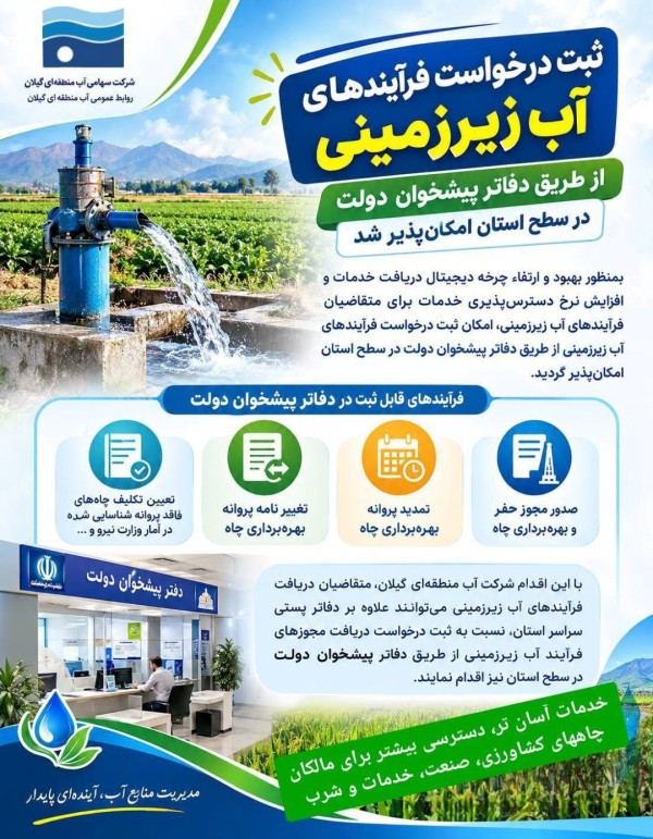 ثبت درخواست فرآیندهای آبهای زیر زمینی از طریق دفاتر پیشخوان دولت در سطح استان امکان پذیر شد